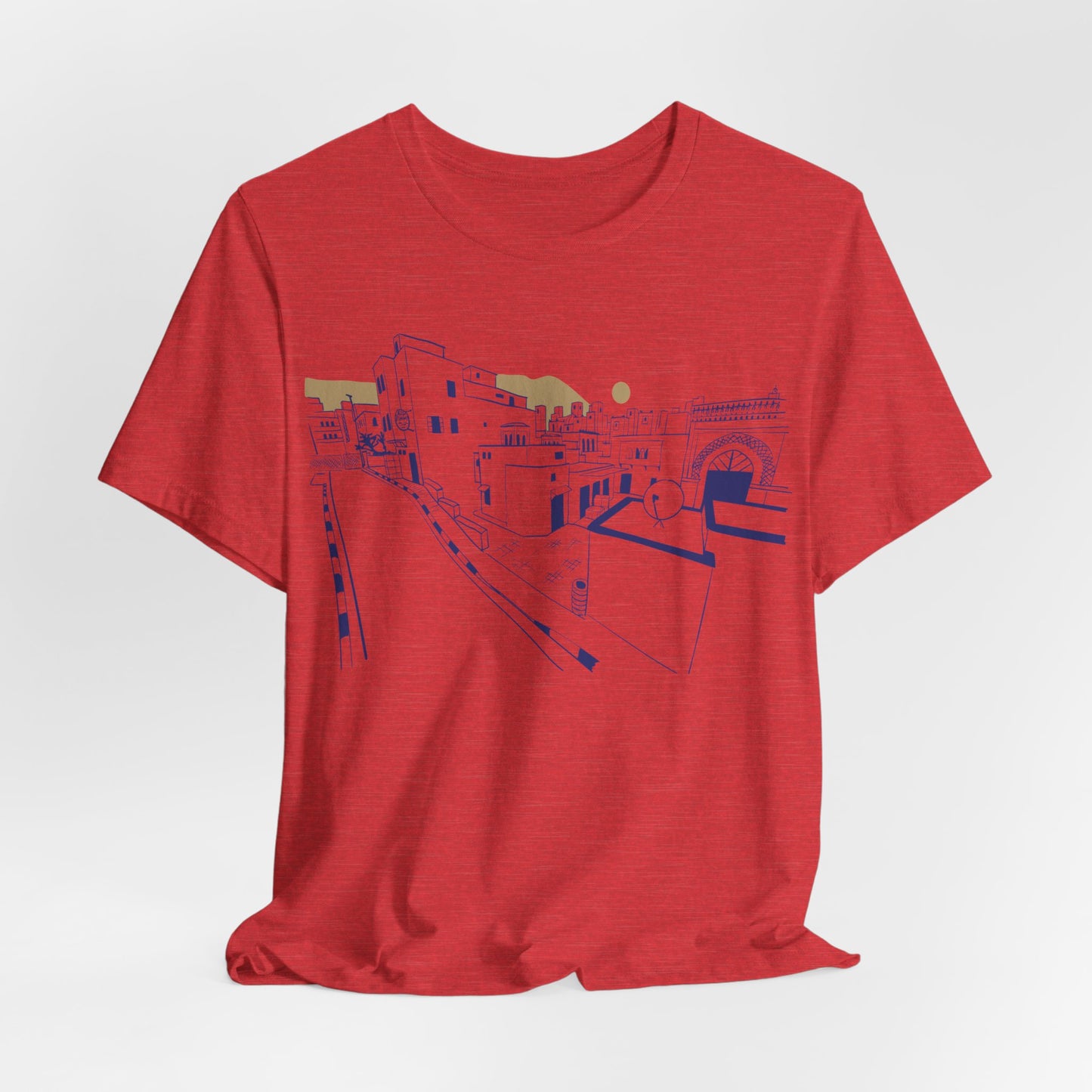 Coastal Town Line Art Tee — Minimalist Seaside Graphic T-Shirt