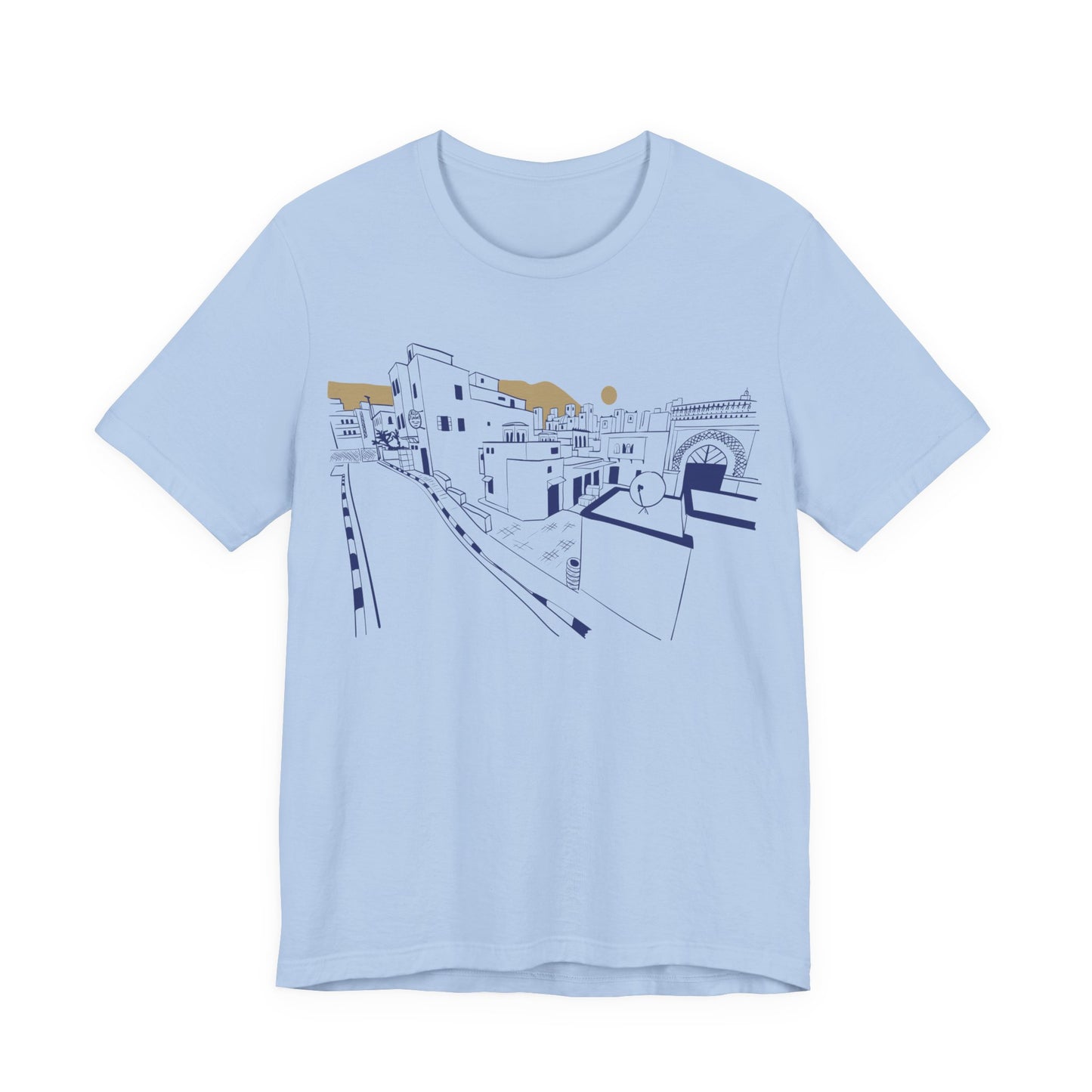 Coastal Town Line Art Tee — Minimalist Seaside Graphic T-Shirt