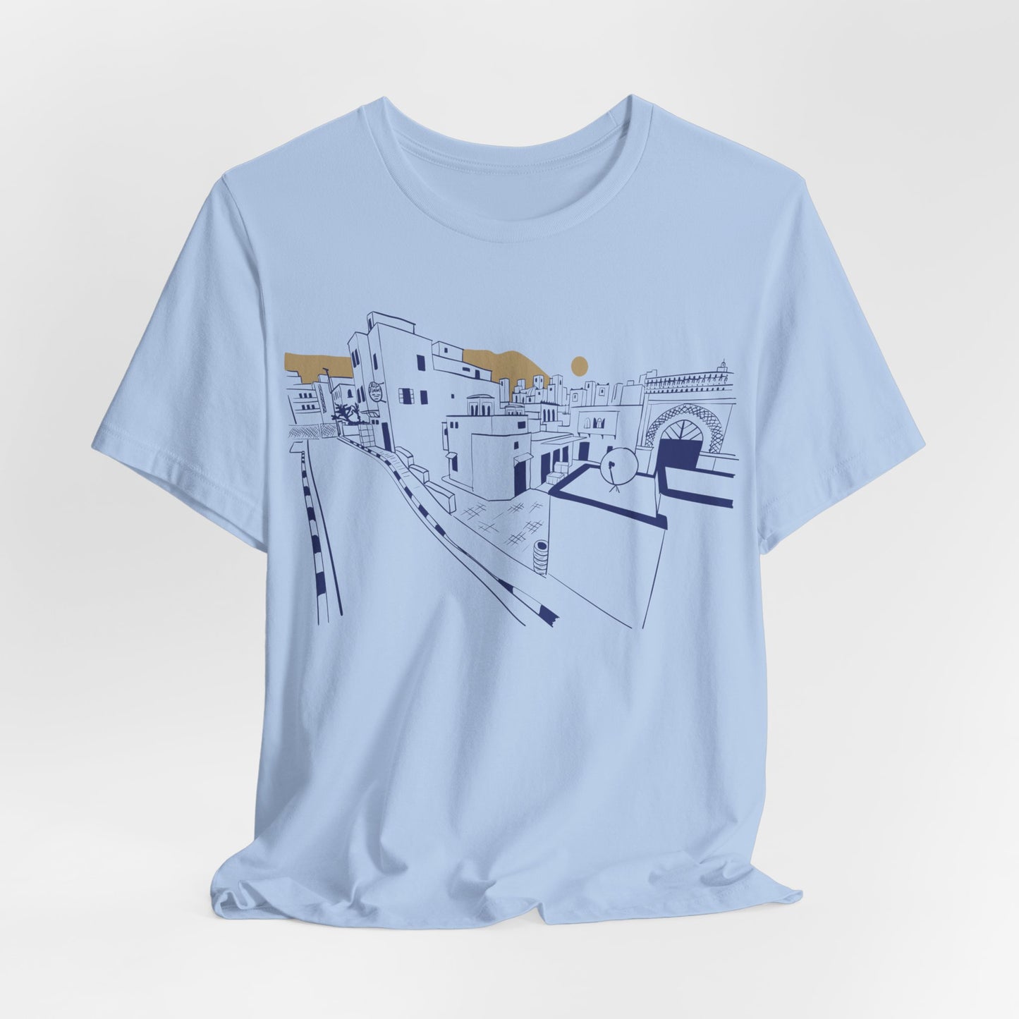 Coastal Town Line Art Tee — Minimalist Seaside Graphic T-Shirt
