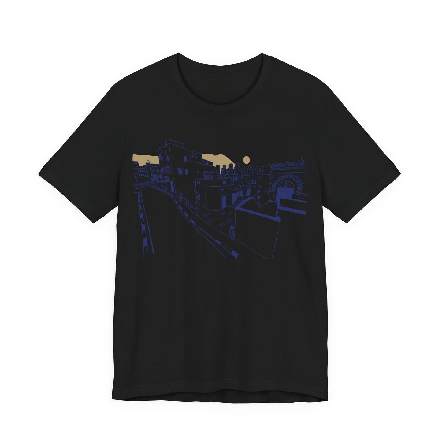 Coastal Town Line Art Tee — Minimalist Seaside Graphic T-Shirt