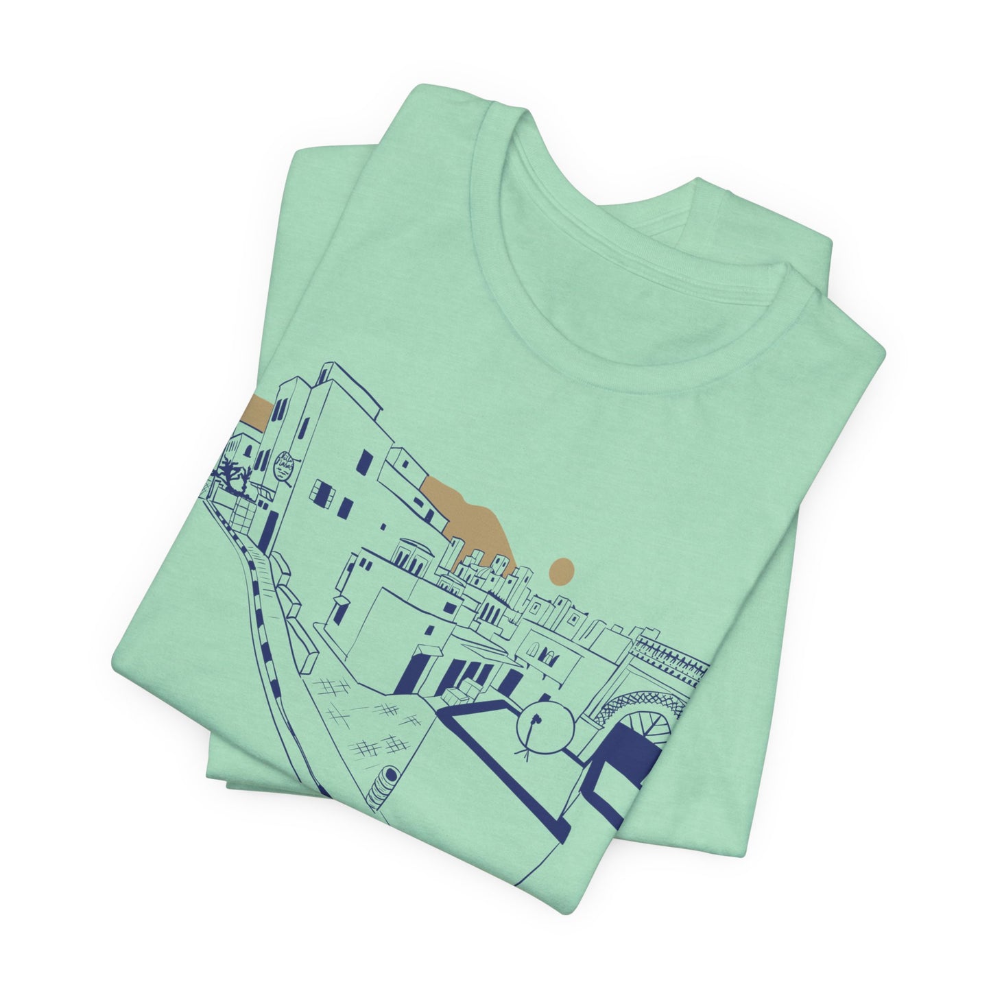 Coastal Town Line Art Tee — Minimalist Seaside Graphic T-Shirt