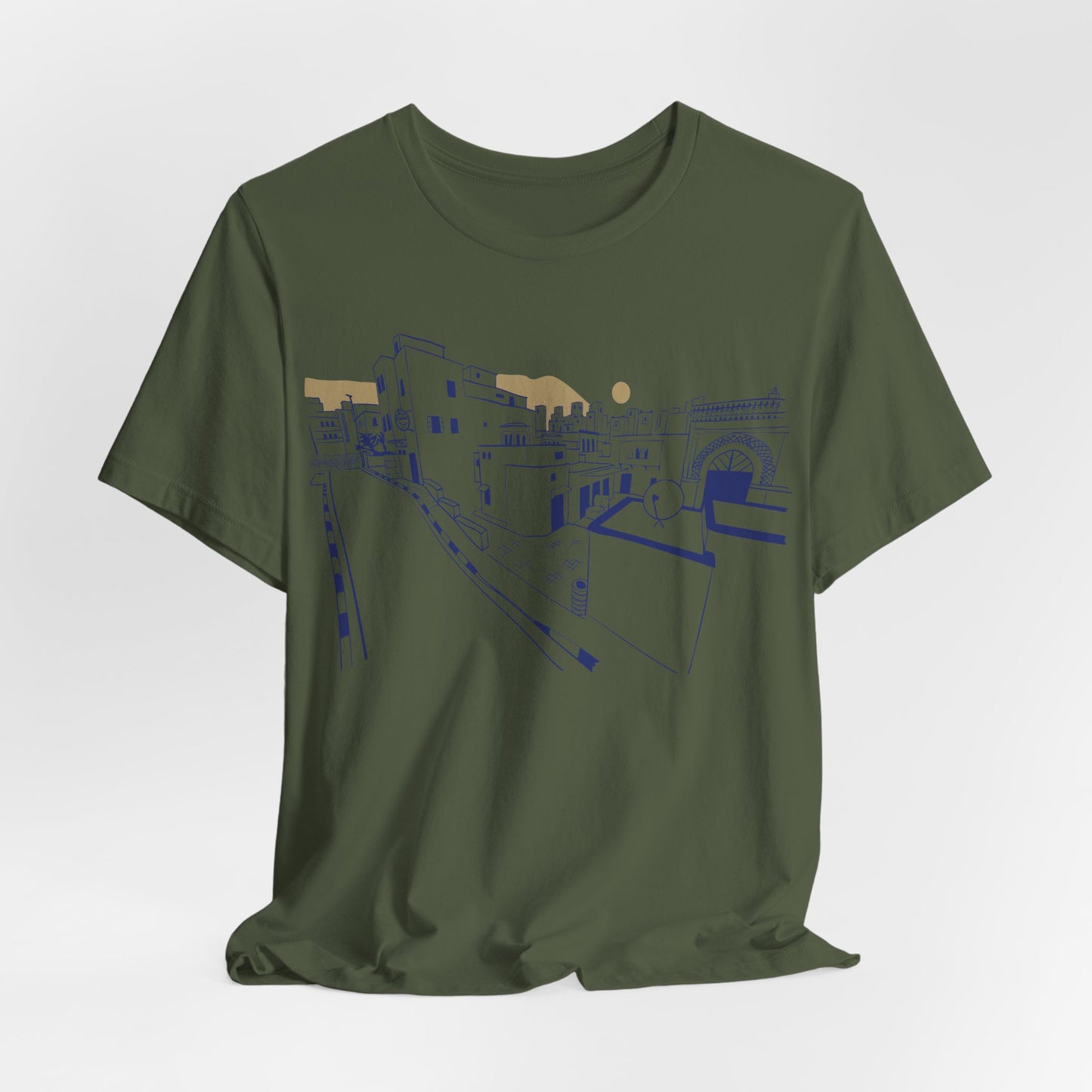 Coastal Town Line Art Tee — Minimalist Seaside Graphic T-Shirt