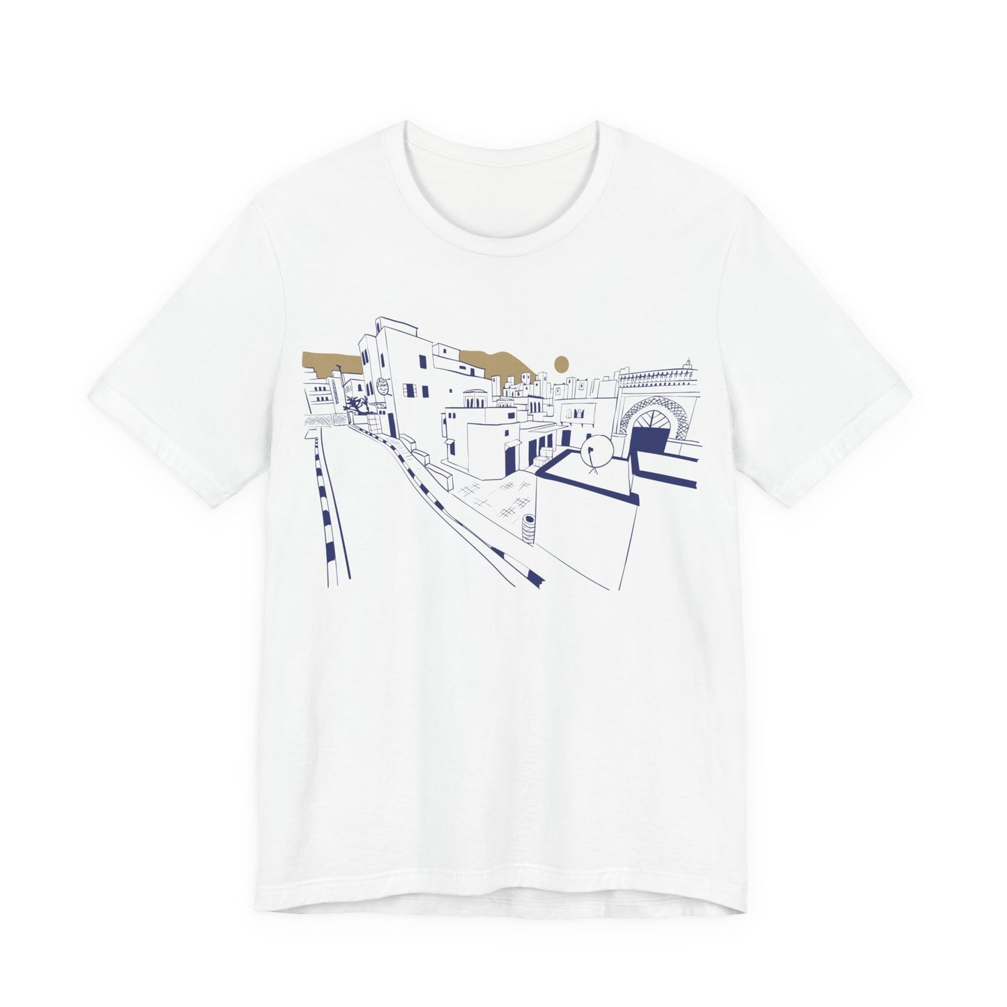 Coastal Town Line Art Tee — Minimalist Seaside Graphic T-Shirt