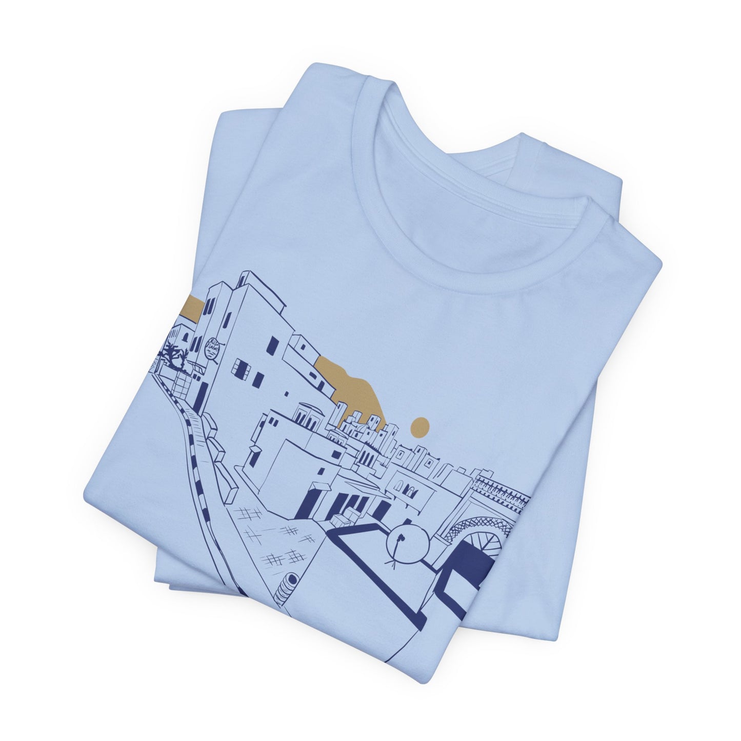 Coastal Town Line Art Tee — Minimalist Seaside Graphic T-Shirt