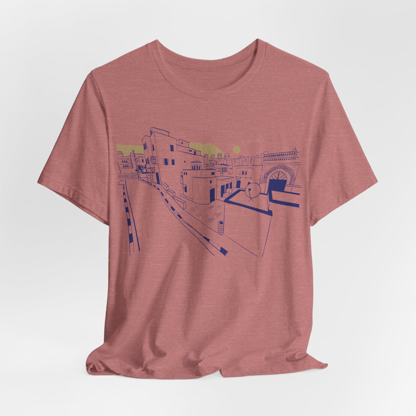 Coastal Town Line Art Tee — Minimalist Seaside Graphic T-Shirt