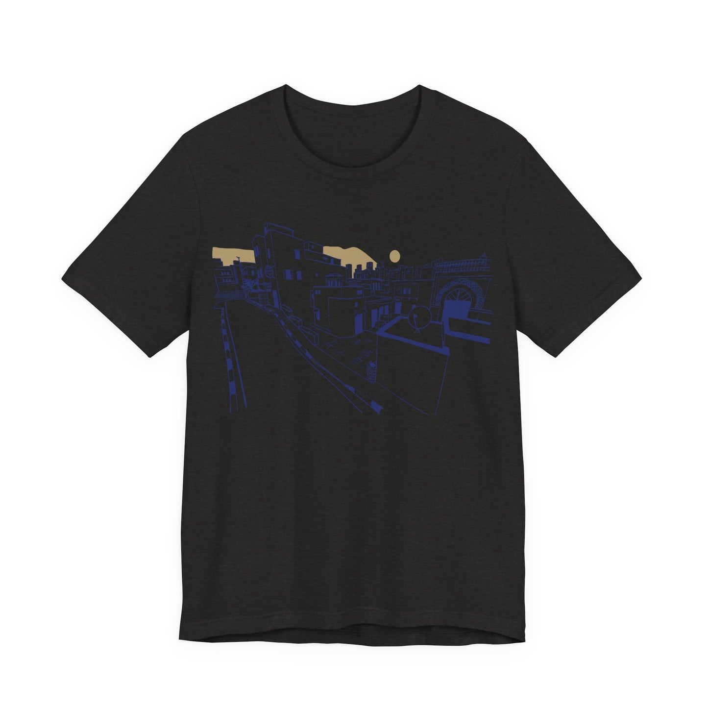 Coastal Town Line Art Tee — Minimalist Seaside Graphic T-Shirt