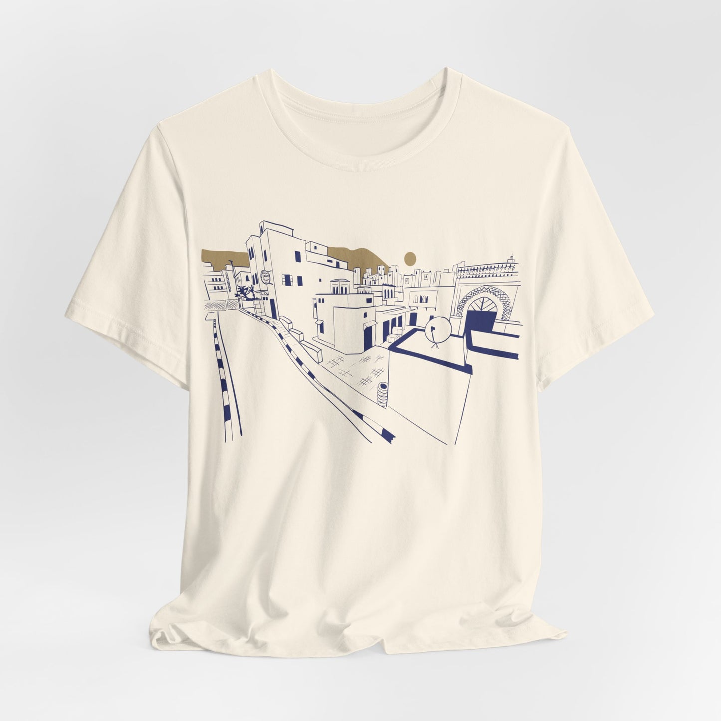 Coastal Town Line Art Tee — Minimalist Seaside Graphic T-Shirt