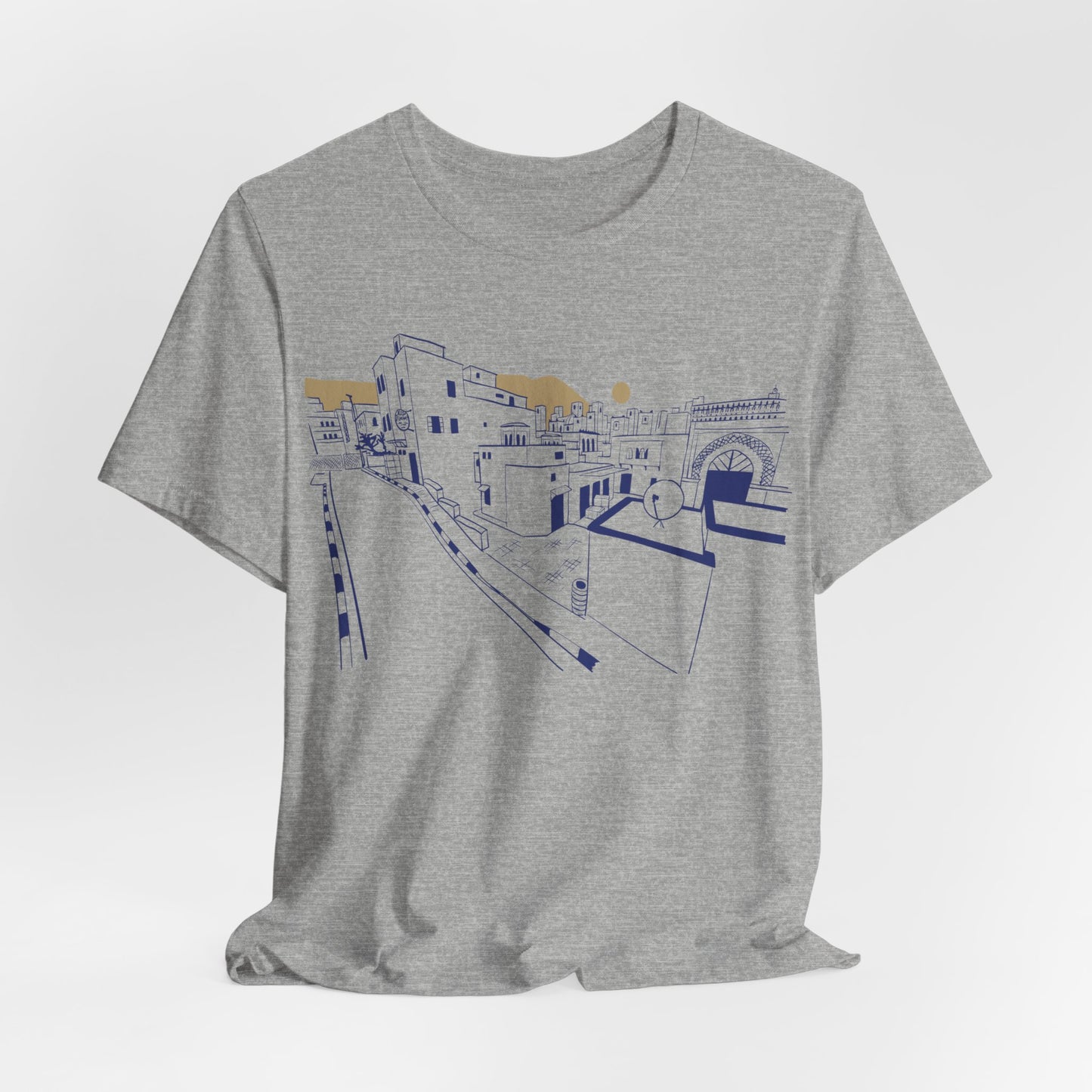 Coastal Town Line Art Tee — Minimalist Seaside Graphic T-Shirt