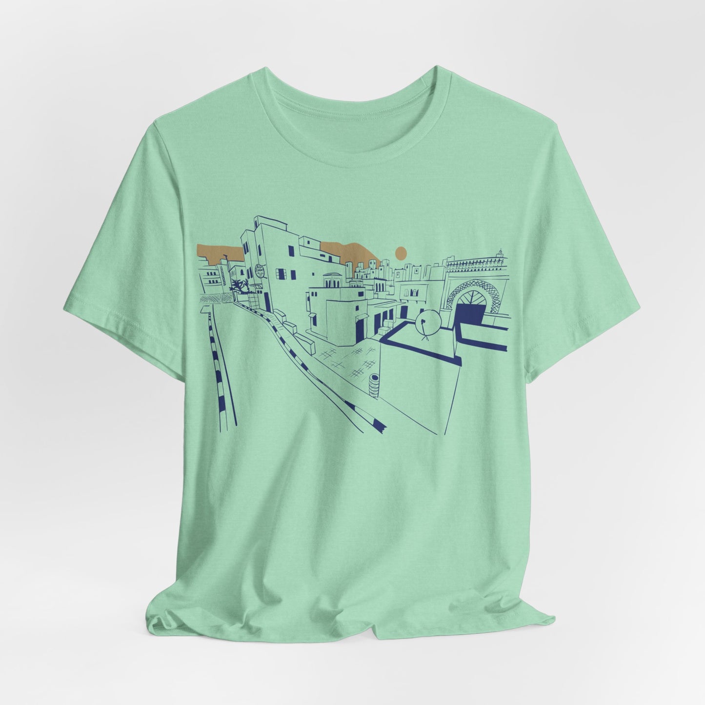 Coastal Town Line Art Tee — Minimalist Seaside Graphic T-Shirt