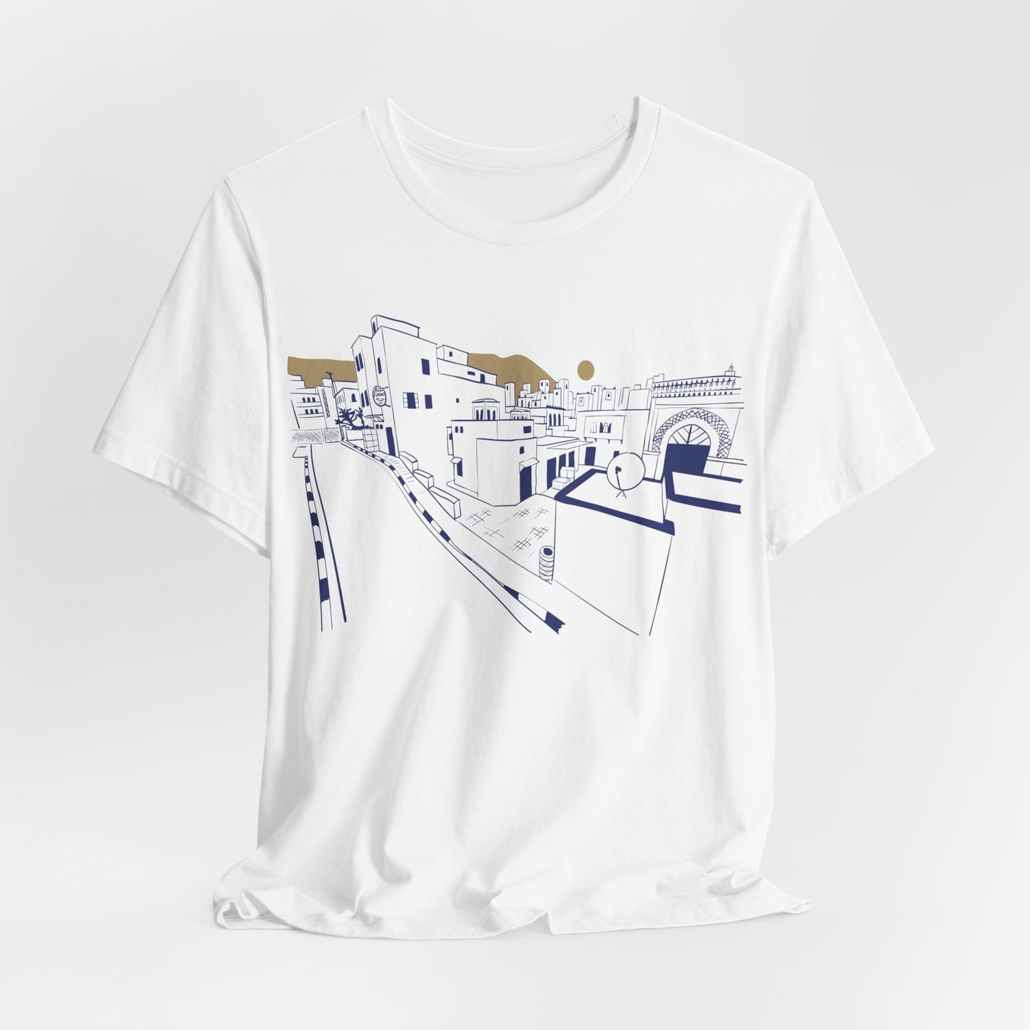 Coastal Town Line Art Tee — Minimalist Seaside Graphic T-Shirt